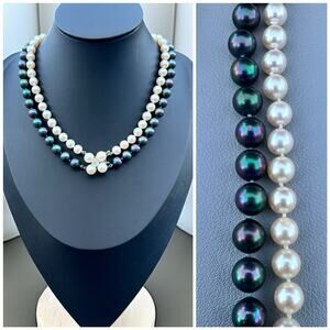 Faux Pearl Two-Strand Necklace White & Black Tahitian Costume Choker Vintage